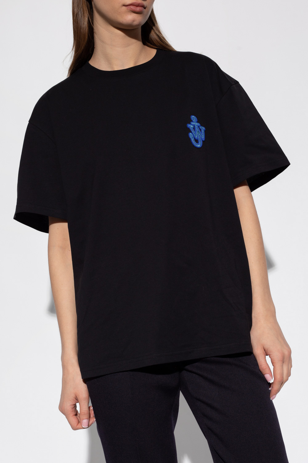 Tシャツ・カットソー Jw Anderson Black Cotton T-Shirt JW Anderson Men's Logo Embroidery T-Shirt in Black JW Anderson